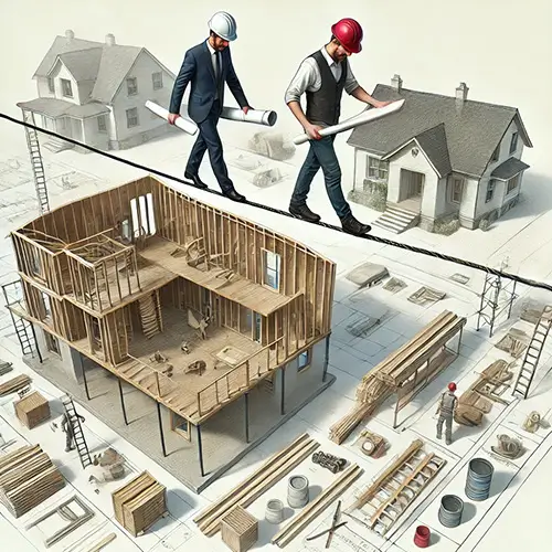 Two architects walking a tightrope above construction plans and a partially built house, symbolizing risk management in construction.