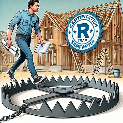 An architect walking over a giant bear trap labeled 'Certification Trap' with a construction site in the background, representing professional liability risks.